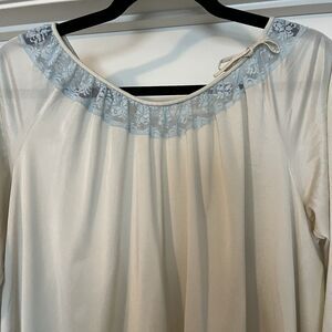 VTG 70s Komar Nightgown Off White Sheer Blue Lace Trim Full Length Small